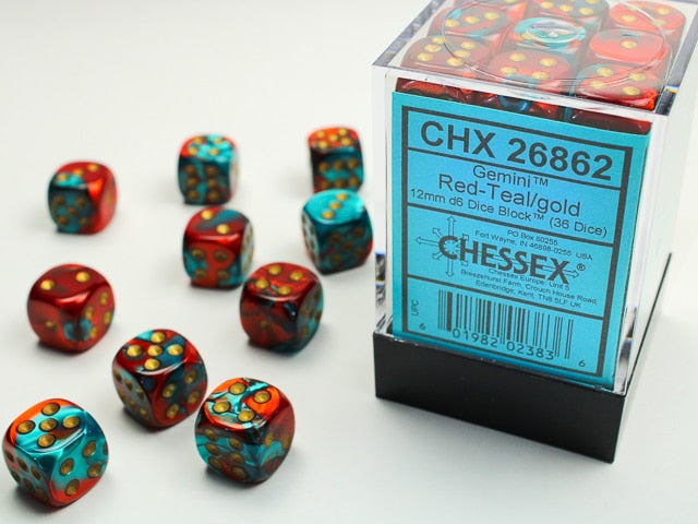 CHX26862 36d6 Red-Teal/Gold Gemini 12mm Dice image 0
